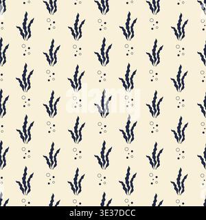 Seaweed seamless pattern with underwater plants and bubbles vector illustration. Stock Vector