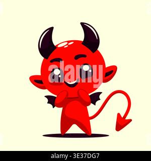 Cute baby devil character with horns and wings flat vector illustration. Stock Vector