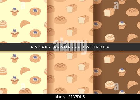 Bakery seamless patterns collection with bread and pastry 3 designs set vector illustration. Stock Vector