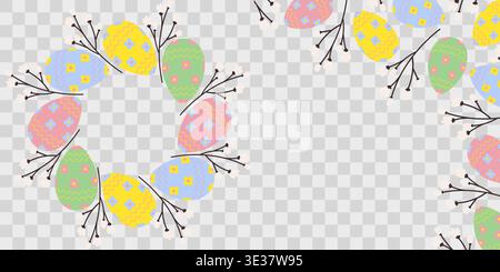 Circular and Corner Frame border made of multicolor Easter Eggs and blossom twigs Copyspace Template. Vector illustration Easter Greetings Social media post or stories decor, promo leaflet, label, tag Stock Vector