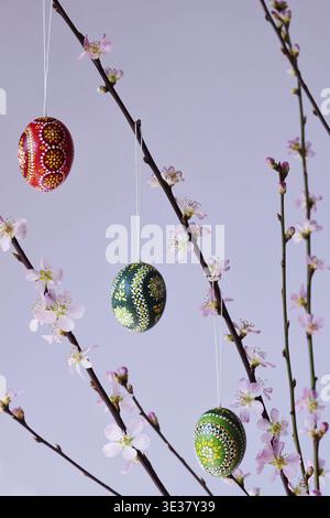 Blooming branches of a peach tree in a vase decorated with Easter eggs, spring, Germany Stock Photo