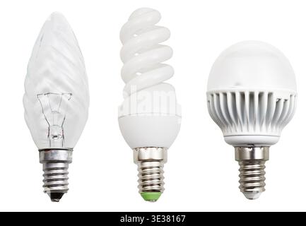 Set of incandescent, compact fluorescent, LED light bulbs isolated on white background Stock Photo