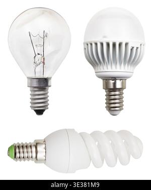 Incandescent, helical fluorescent, LED light bulbs isolated on white background Stock Photo