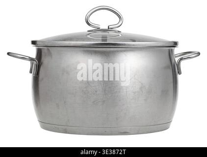 Side view of stainless steel saucepan covered by glass lid isolated on white background Stock Photo