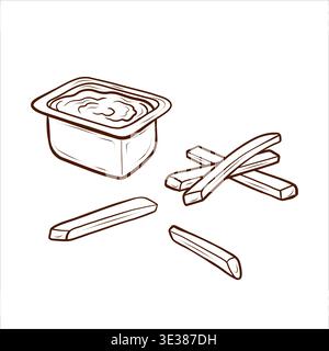 French fries and dipping sauce in a plastic cup drawn as hand sketched vector line art in clean outline style. Fast food side dish element for menu de Stock Vector