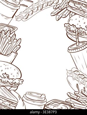 Fast food border with burgers, hot dogs, sandwiches, fries, drinks and sauce drawn in hand-drawn vector engraving style. Frame template for menu cover Stock Vector