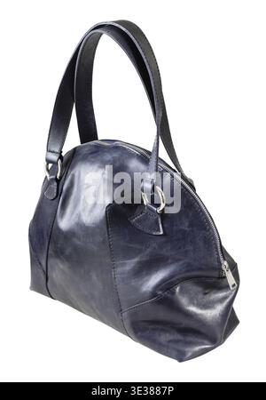 Closed handmade dark blue leather handbag isolated on white background Stock Photo