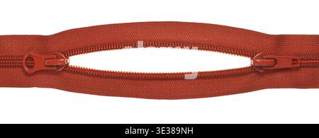 Two sliders on red closed-ended zip fastener close up isolated on white background Stock Photo