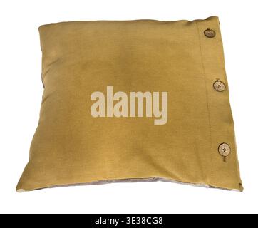 Top view of back side of handmade dark yellow (mustard color) decorative pillow isolated on white background Stock Photo