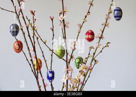 Blooming branches of a peach tree in a vase decorated with Easter eggs, spring, Germany Stock Photo