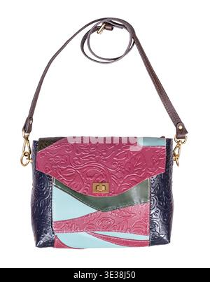 Patchwork embossed leather handbag isolated on white background Stock Photo