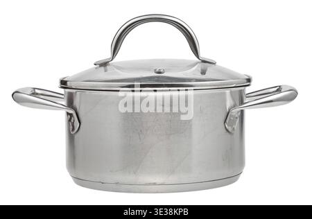 Small stainless steel saucepan covered by glass lid isolated on white background Stock Photo