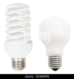 Two lamps - incandescent and helical compact fluorescent light bulbs isolated on white background Stock Photo