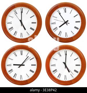 Set of wooden round wall dial clock isolated on white background Stock Photo