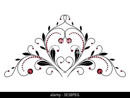 Minimalist red flowers and black leaves. Elegant vector design element of swirls and curved lines. Classic plant triangle ornamental pattern Stock Vector