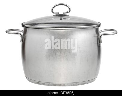 Side view of big stainless steel pan covered by glass lid isolated on white background Stock Photo