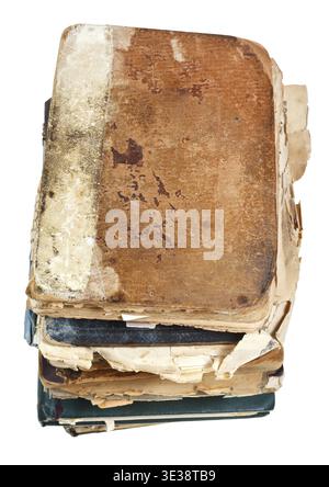 Top view of stack retro books with pages torn out isolated on white background Stock Photo
