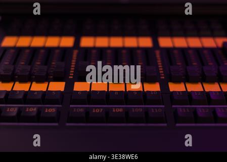 Macro shot of a professional audio control surface featuring illuminated channel buttons, numeric labels, and faders in a dark studio. Used for sound Stock Photo