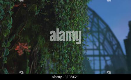 Lush green creeping plants growing in humid modern indoor conservatory against blue sky Stock Photo