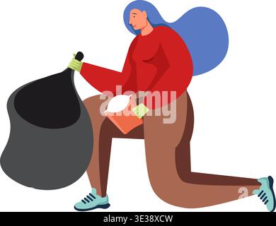 Woman volunteer putting empty cardboard box in garbage bag, vector flat illustration isolated on white background. Waste collection and sorting for re Stock Vector