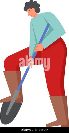 Gardener man digging hole using shovel. Vector flat style design illustration isolated on white background. Gardening concept for web banner, website Stock Vector
