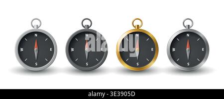 Vector 3d Realistic Compass Icon Set. Navigation Compasses with Black Dial. Classic Travel Compass Icon, Navigation Symbol, Exploration Tool Stock Vector