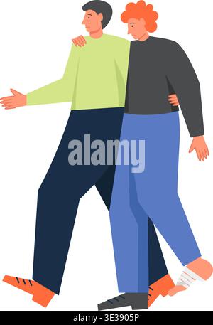 Sick man, vector flat style design illustration. Young man assisting to walk the other one in need of medical attention. Medicine and healthcare conce Stock Vector