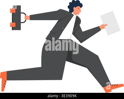 Businessman running to work, vector flat style design illustration. Young man wearing suit, holding briefcase in one hand and document in the other. B Stock Vector