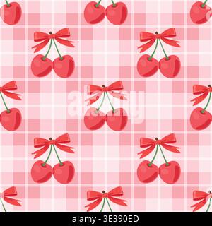 Vector Cherry Seamless Pattern Background with Cute Red Cherries on Pink Gingham Grid. Cherry Fruit Wallpaper for Textile, Fabric, Wrapping Paper Stock Vector