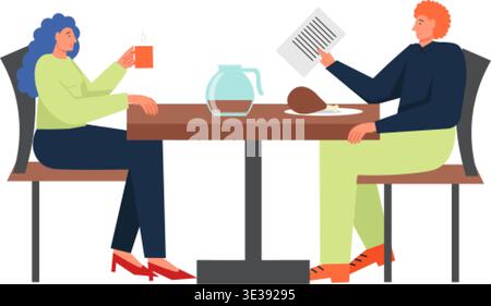 Happy couple having dinner while sitting at table, vector flat illustration isolated on white background. Restaurant dinner concept for for web banner Stock Vector
