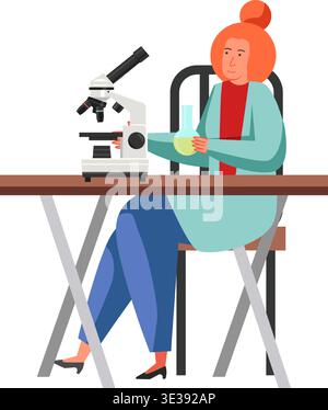 Woman scientist or lab attendant working in science laboratory using microscope and lab flask, vector flat isolated illustration. Scientific research, Stock Vector