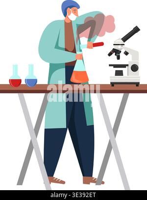 Man scientist or lab attendant working in science laboratory using microscope, lab glassware, vector flat isolated illustration. Scientific research, Stock Vector