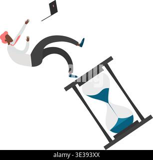 Hard work metaphor with man falling from hourglass with laptop vector icon isolated on white Stock Vector