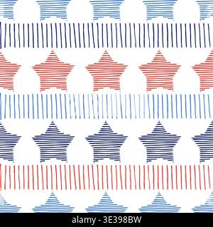 Vector seamless pattern with hatched stars and striped lines. USA flag colors background. Trendy textile print, packaging, fabric, wrapping paper desi Stock Vector