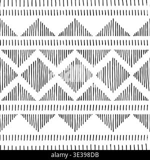 Seamless vector pattern with hatched rhombus, triangles, lines in tribal geometric style. Abstract black white ink texture background. Trendy textile Stock Vector