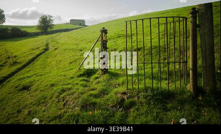 An old kissing gate in the Yorkshire Dales designed for pedestrian access while preventing livestock from escaping. Stock Photo
