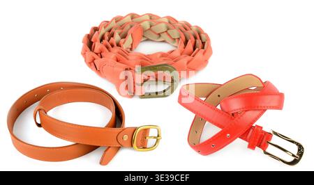 A sophisticated arrangement of colorful waist belts featuring braided and smooth leather textures with elegant buckles. Stock Photo