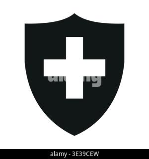 Black and white shield with cross silhouette icon, flat. Vector illustration Stock Vector