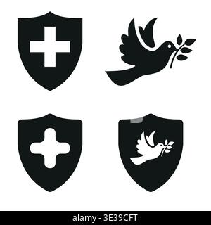 A black and white shield with a cross silhouette and a dove icon. Vector illustration Stock Vector