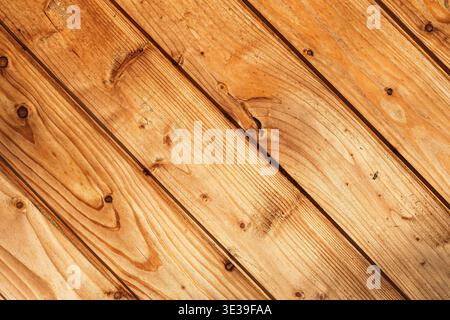 Wooden planks background in warm tones. Natural timber texture with visible grain and knots. Rustic surface for design or interior concept Stock Photo