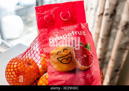 Roseland, USA - March 4, 2025: Florida Grapefruit by Aldi citrus fruits sweet fruit food in mesh net bag macro closeup Stock Photo