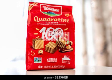 Roseland, USA - March 10, 2025: Quadratini Italian brand wafers dessert with hazelnut filling flavor variety closeup of imported snack product Stock Photo