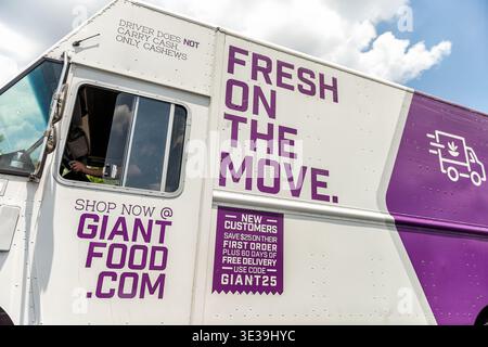 Manassas, USA - June 29, 2025: Giant supermarket sign on delivery van truck delivering online food order on highway road with driver worker Stock Photo