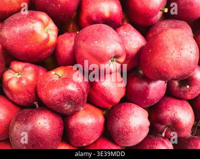 A high-angle, full-frame shot of numerous ripe, red apples packed closely together. The apples feature natural speckles and a few light water droplets Stock Photo