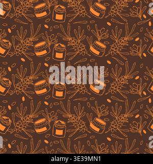 Sea Buckthorn and Cosmetics Seamless Pattern. Orange Line Art Botanical Background with Berries, Leaves, and Beauty Jars and Creams on Dark Brown. Vec Stock Vector