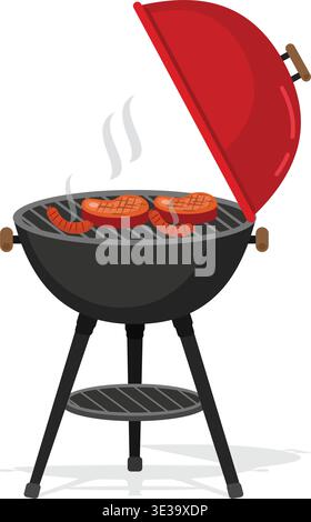 Grill with meat and sausages on the grill. Picnic barbecue cartoon icon stock illustration Stock Vector