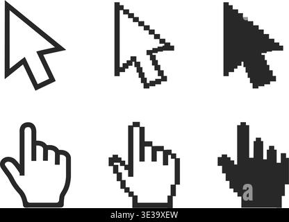 Pixel cursors icons, mouse cursor hand pointer stock illustration Stock Vector