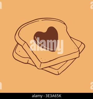Two hand drawn bread slices with a heart shaped jam decoration on the top piece. Red line art vector illustration of a sweet snack for breakfast menu Stock Vector
