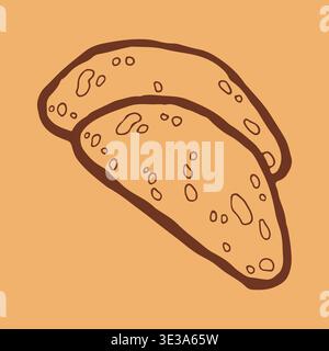 Vector illustration of two crispy toasted bread slices overlapping each other. Hand drawn brown line art icon of healthy wheat toast for breakfast Stock Vector