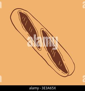 Vector illustration of a long French baguette with characteristic diagonal crust cuts. Hand drawn brown line art icon of fresh bread for bakery menu Stock Vector